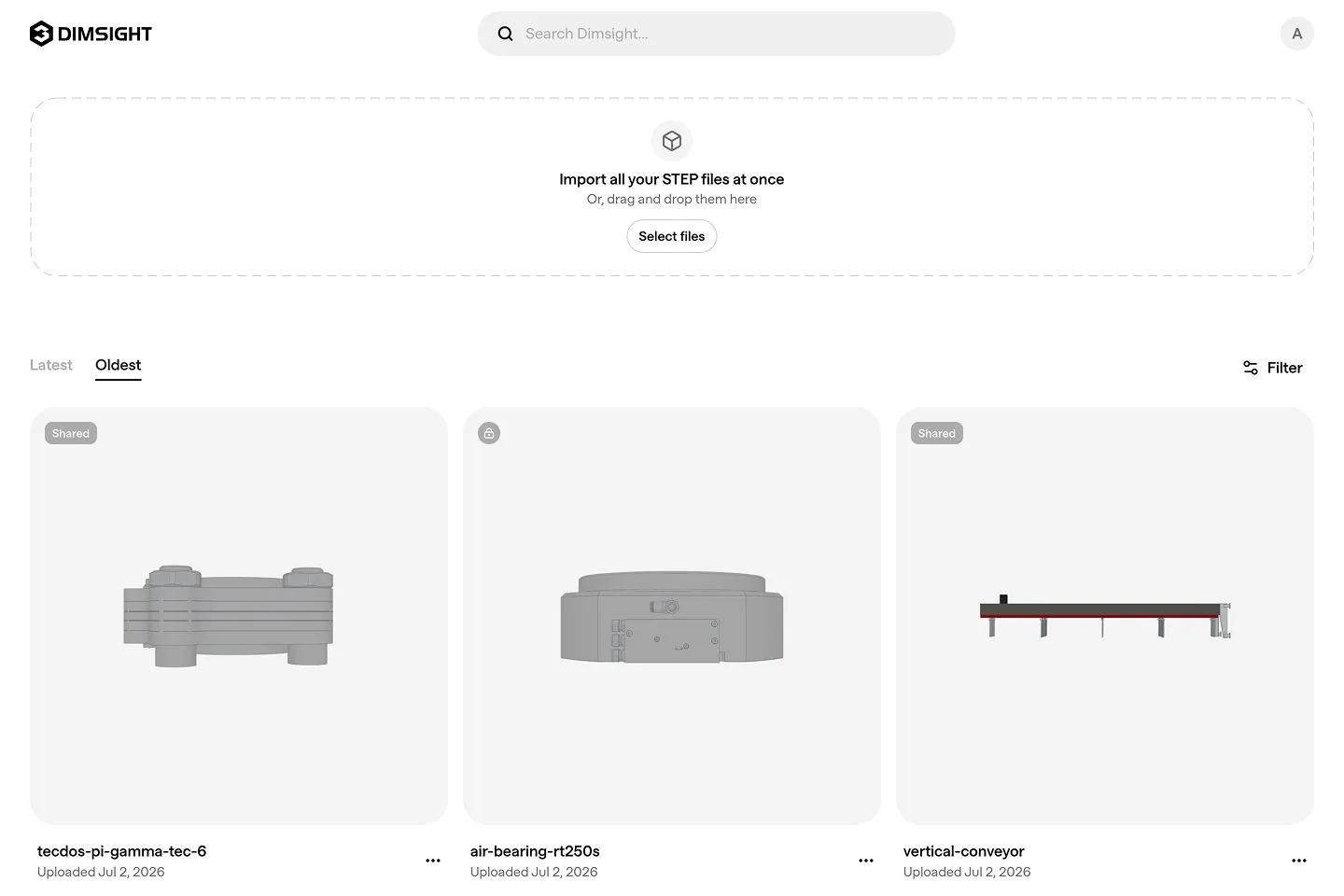 Dimsight dashboard showing imported 3D parts.